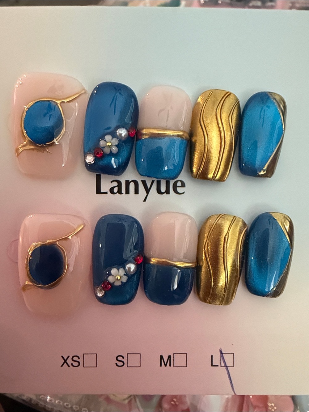 Blue & Gold accent acrylic handmade Press-On Nail Set with Floral Accents